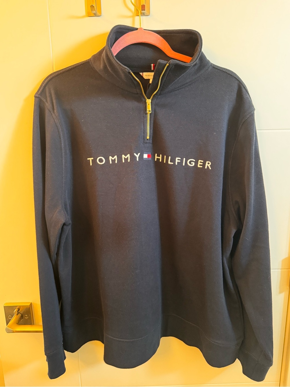 Tommy Hilfiger Big Logo Embroidered Quarter Zip Fleece Sweatshirt Navy XL